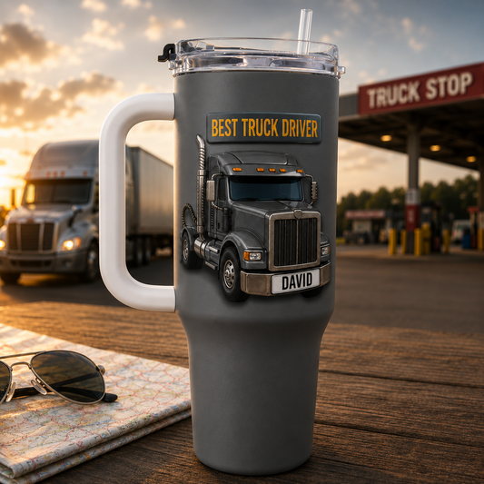 Personalized Best Truck Driver 3D 40oz Tumbler with Handle & Straw, Custom Truck Driver Insulated Travel Mug, Gift for Trucker, Trucking Gift for Dad