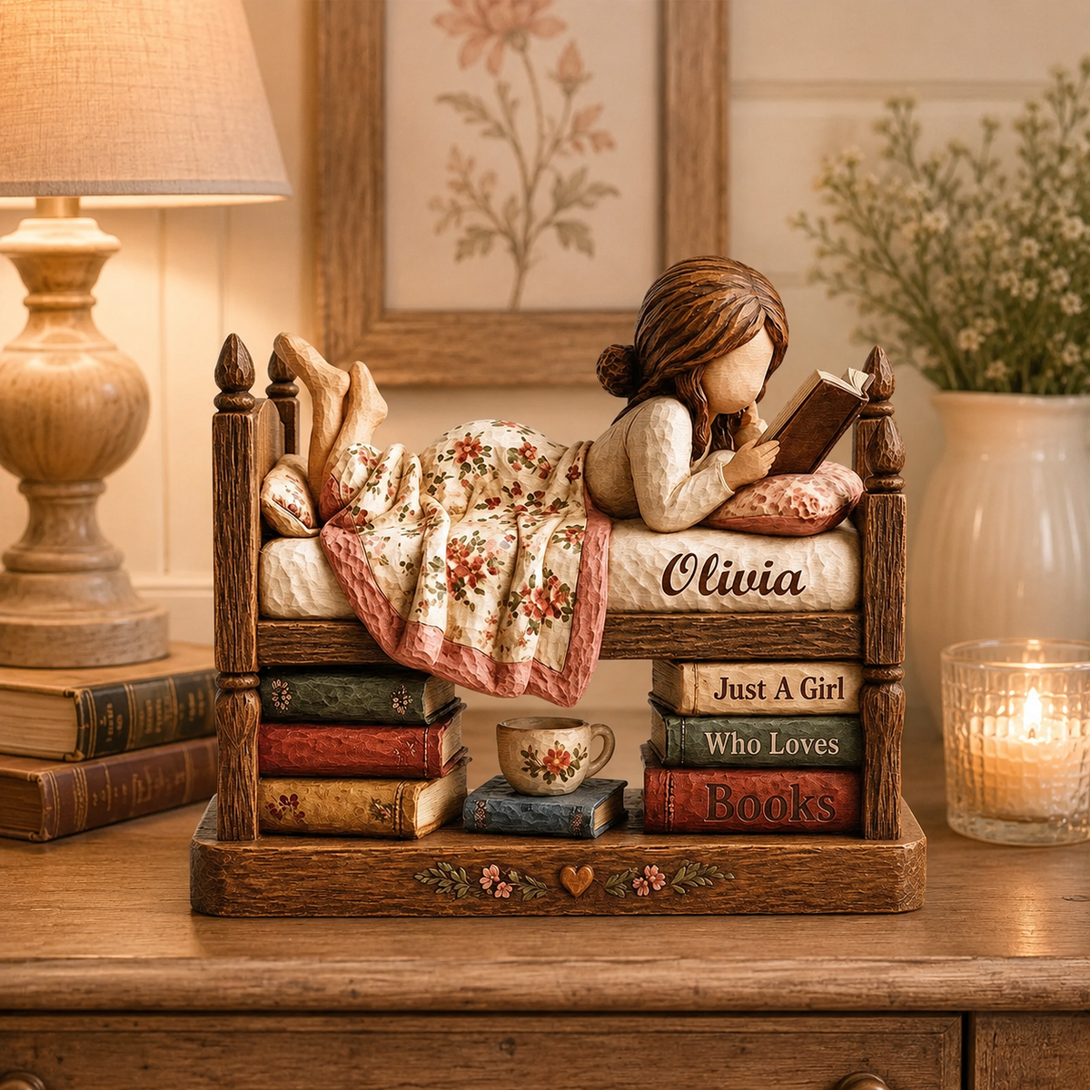 Personalized Book Lover Wooden Plaque with Name, Custom Girl Reading Desk Decor, Gift for Reader Women Daughter Sister Bookworm