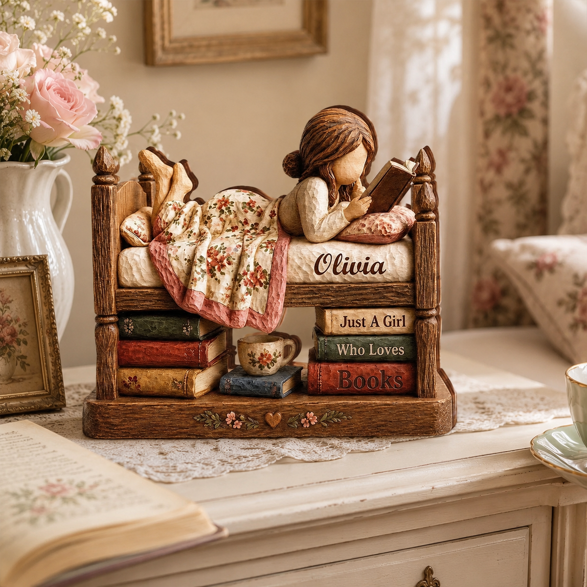 Personalized Book Lover Wooden Plaque with Name, Custom Girl Reading Desk Decor, Gift for Reader Women Daughter Sister Bookworm