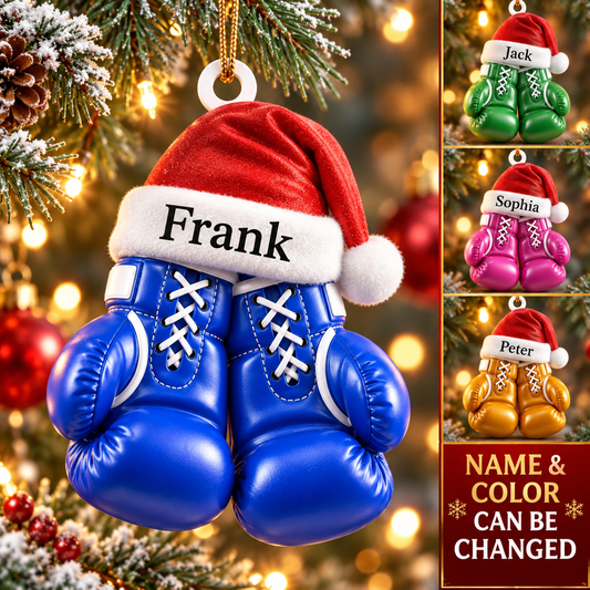 Personalized Boxing Gloves 3D Effect Christmas Ornament with Name, Custom Boxer Acrylic Keepsake with Santa Hat, Gift for Boxer Boxing Coach Fighter