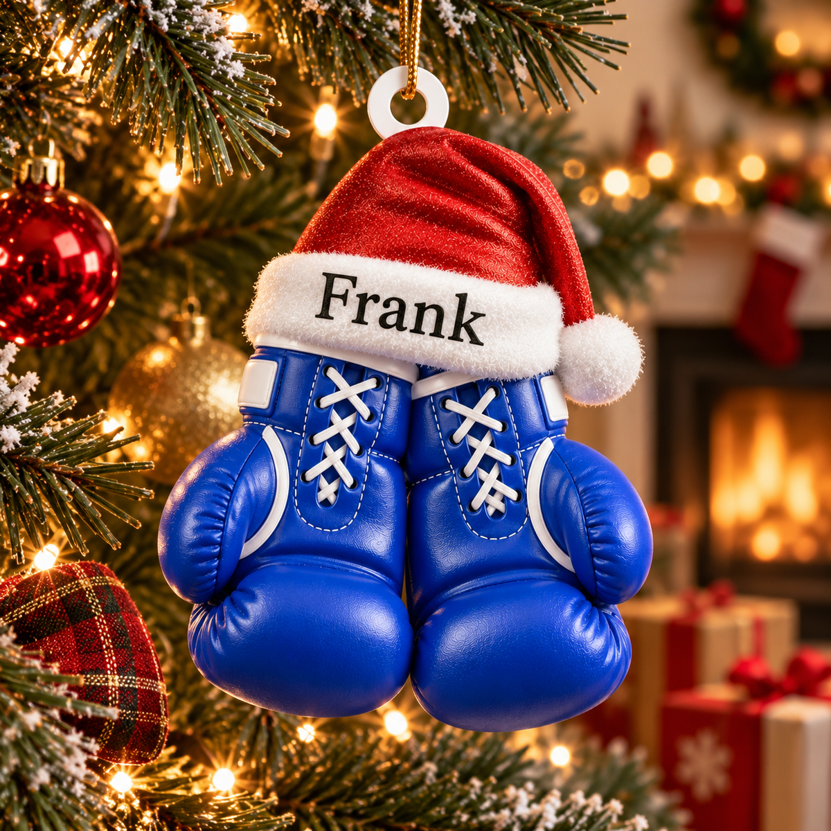 Personalized Boxing Gloves 3D Effect Christmas Ornament with Name, Custom Boxer Acrylic Keepsake with Santa Hat, Gift for Boxer Boxing Coach Fighter