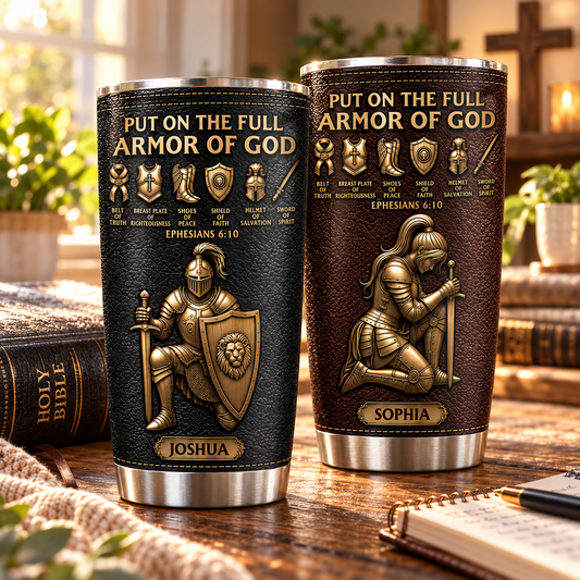 Personalized Christian 3D Effect Tumbler with Name, Put On The Full Armor Of God 20oz Stainless Steel Cup, Faith Gift for Men Women