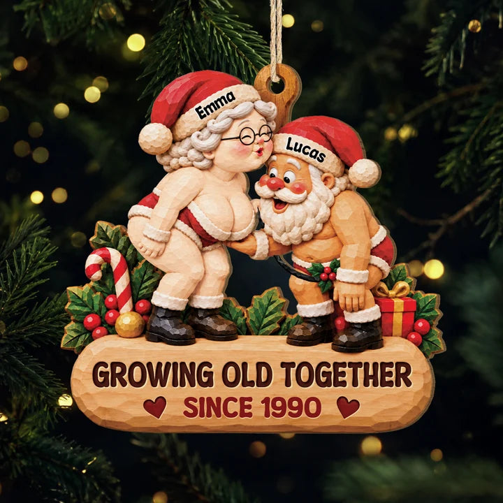 Personalized Growing Old Together Santa Couple Wooden Ornament, Custom Names Christmas Keepsake, Gift for Husband Wife Grandparents Couples