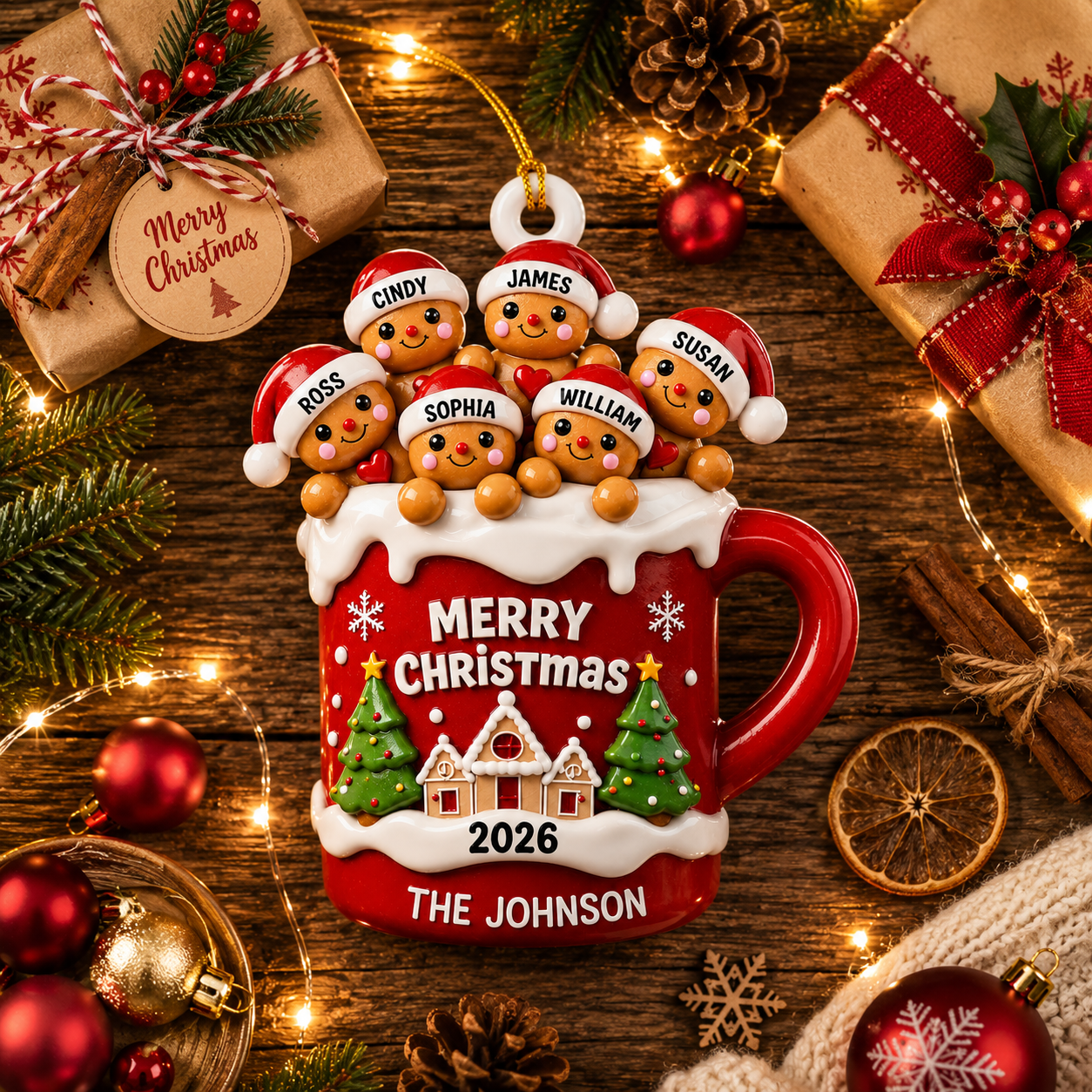 Personalized Gingerbread Family 3D Effect Hot Cocoa Christmas Ornament, Custom Family Name Acrylic Christmas Tree Ornament, Holiday Gift for Family