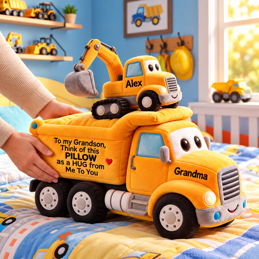 Personalized Construction Truck 3D Effect Faux Fur Shaped Pillow – Custom Name Dump Truck & Excavator Plush Cushion for Kids Room Decor & Gift