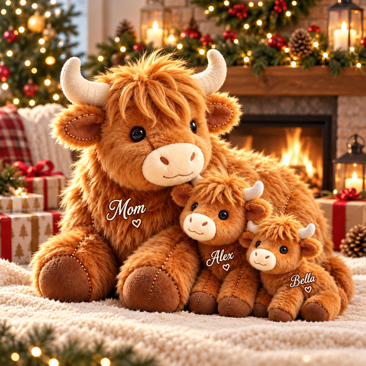 Personalized Cute Highland Cow 3D Effect Mama & Baby Faux Fur Shaped Pillow – Custom Name Mother’s Day Gift Throw Pillow for Home & Nursery Decor