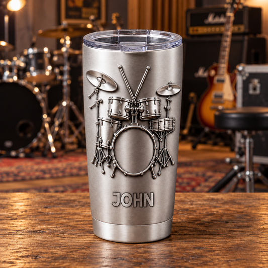 Personalized Drummer Tumbler 3D Effect, Drums Are My Therapy Custom Brushed Silver Cup, Gift for Drummer Musician Dad Husband