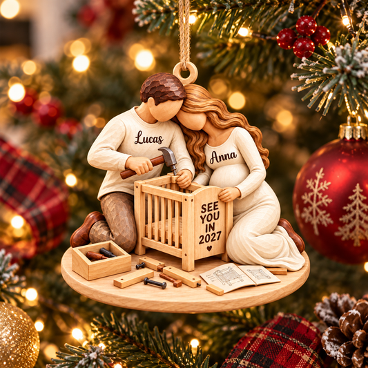 Personalized Expecting Couple 3D Effect Building Crib Wooden Ornament, Pregnancy Keepsake with Names, Gift for Parents To Be Mom Dad