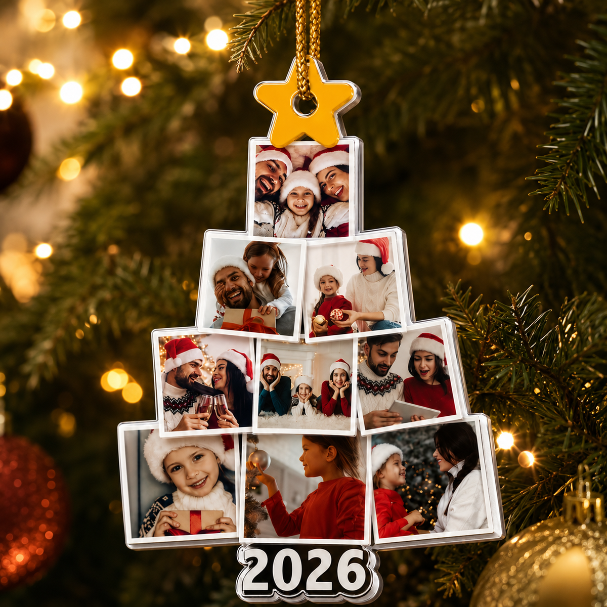 Personalized Family Tree Photo Christmas Ornament with Year, Custom Family Picture Acrylic Keepsake, Gift for Parents Grandparents