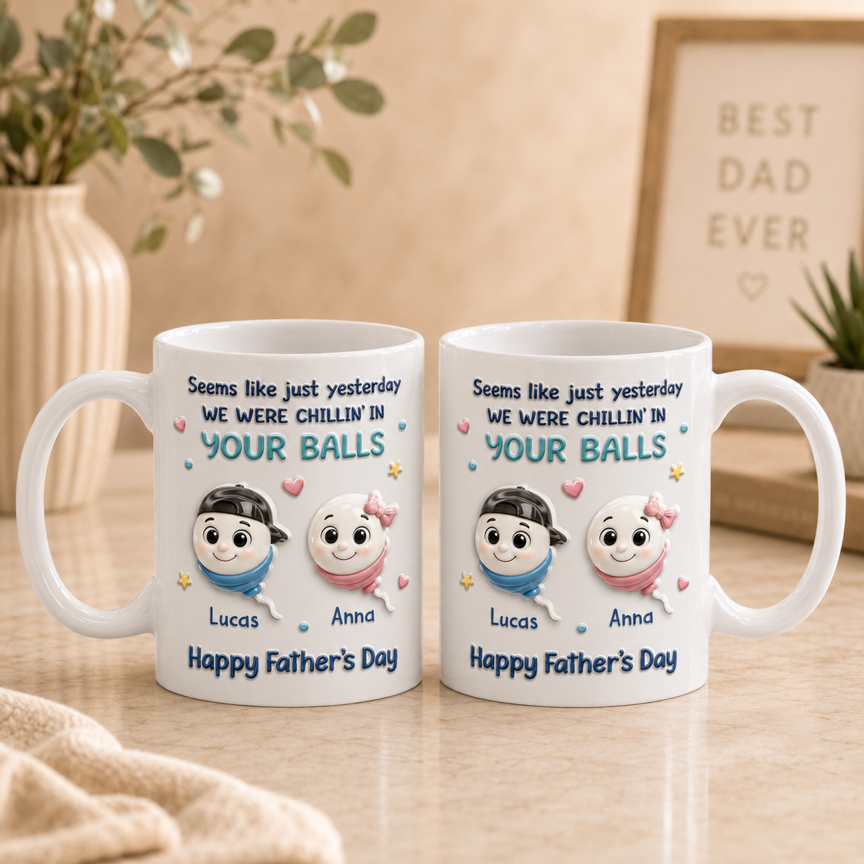 Personalisierte Vatertags-Tasse von Kindern – Lustiges „Wir waren in deinen Eiern und haben gechillt“-Geschenk für Papa