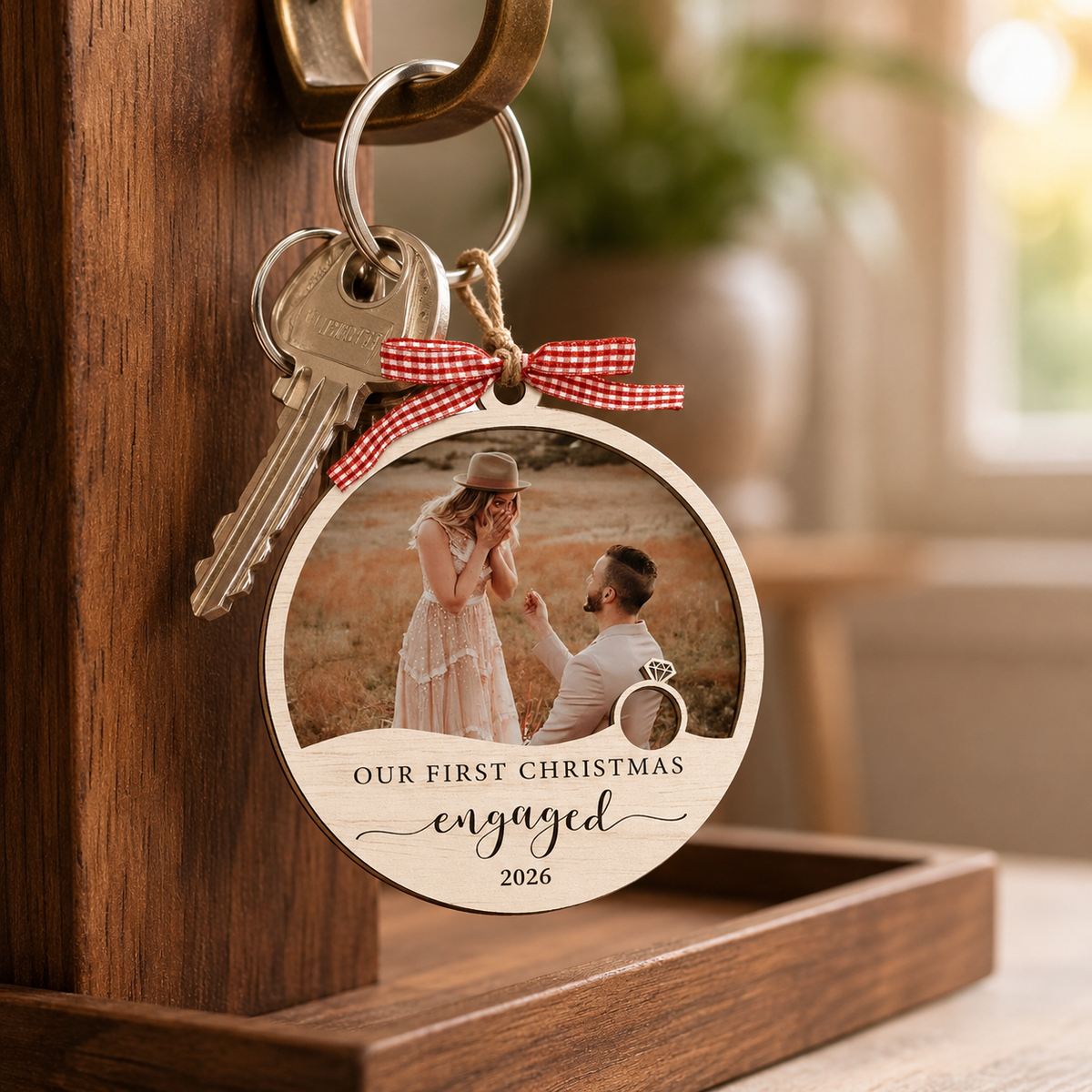 Personalized First Christmas Engaged Ornament with Photo, Custom Couple 2 Layer Wood Keepsake, Engagement Gift for Fiancé Fiancée