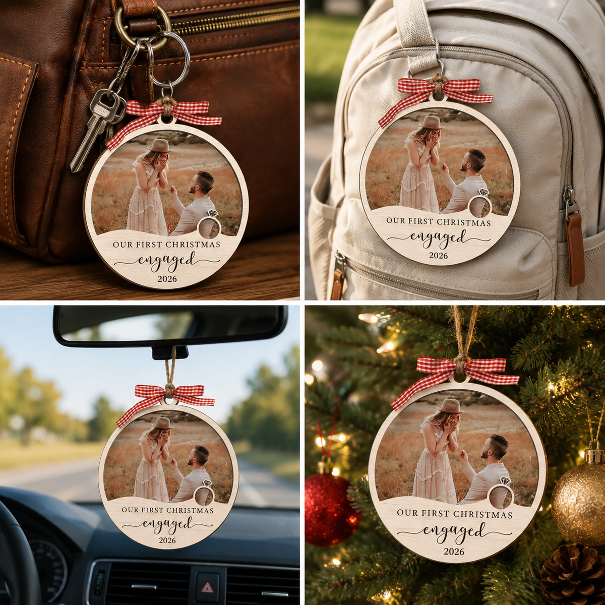 Personalized First Christmas Engaged Ornament with Photo, Custom Couple 2 Layer Wood Keepsake, Engagement Gift for Fiancé Fiancée