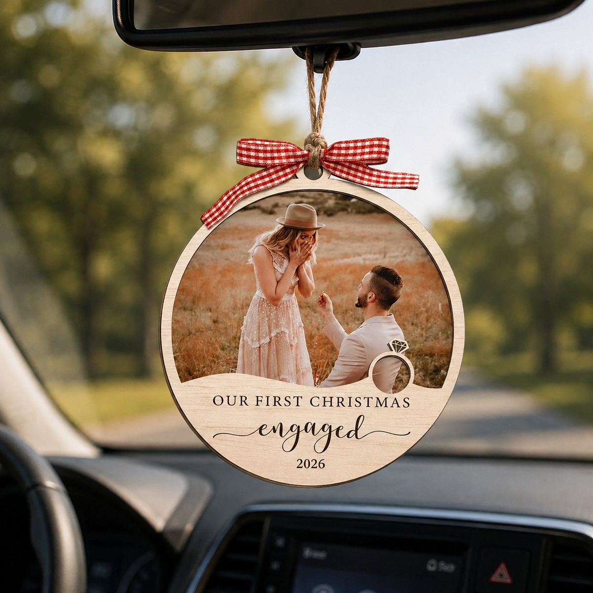 Personalized First Christmas Engaged Ornament with Photo, Custom Couple 2 Layer Wood Keepsake, Engagement Gift for Fiancé Fiancée