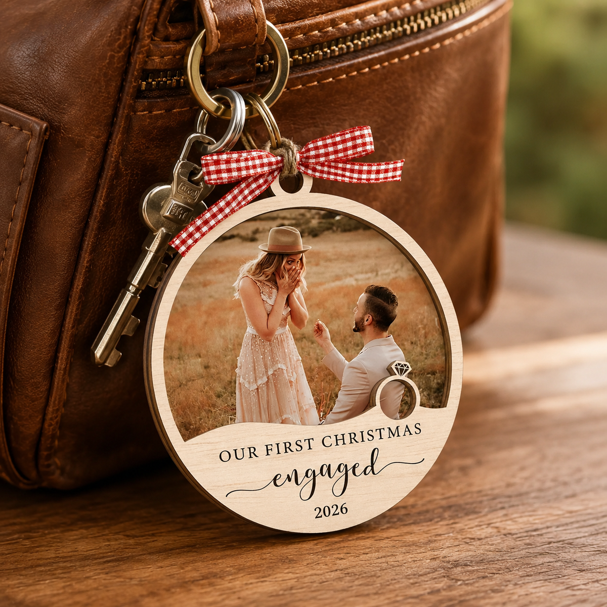 Personalized First Christmas Engaged Ornament with Photo, Custom Couple 2 Layer Wood Keepsake, Engagement Gift for Fiancé Fiancée