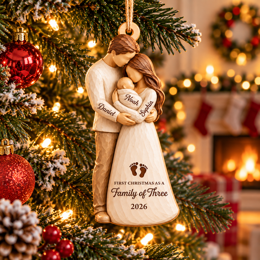 Personalized First Christmas as a 3D Effect Family of Three Wood Ornament, Custom Mom Dad Baby Names, Newborn Baby Christmas Keepsake, New Parents Gift