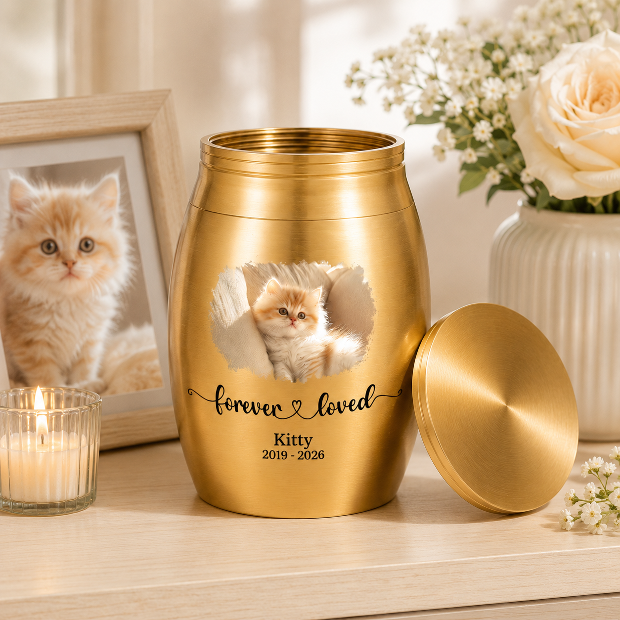 Forever Loved Photo Mini Urn – Personalized Pet Memorial Urn, Custom Dog Cat Ashes Keepsake with Name & Year