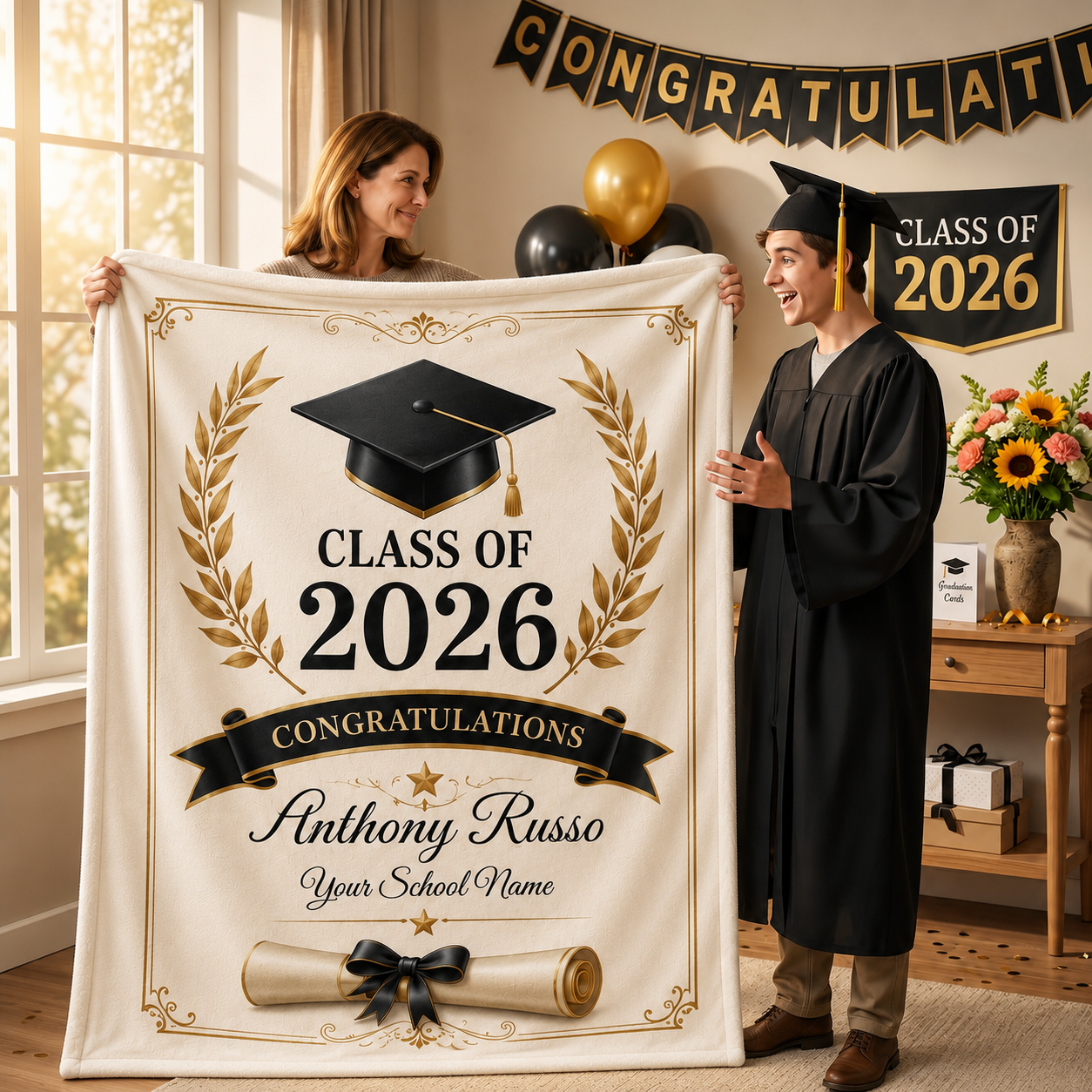 Personalized Graduation Blanket Class of 2026, Custom Senior Graduation Fleece Blanket with Name & School, Graduation Gift for High School College Graduate