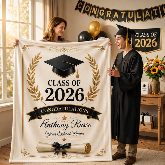 Personalized Graduation Blanket Class of 2026, Custom Senior Graduation Fleece Blanket with Name & School, Graduation Gift for High School College Graduate