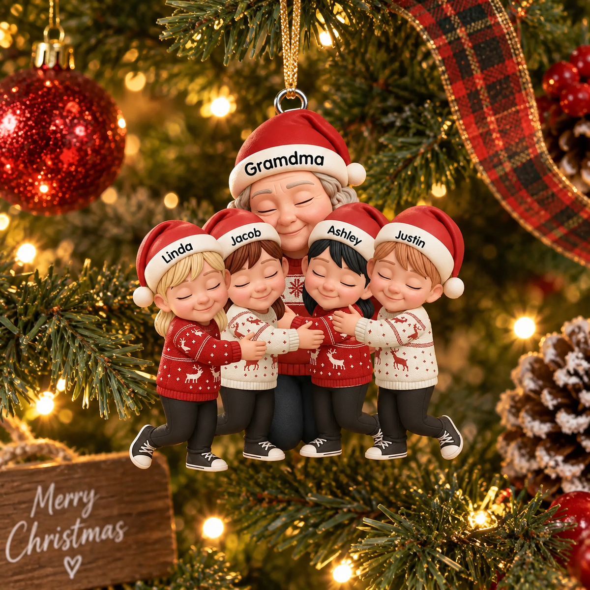 Personalized Grandma Grandkids 3D Effect Christmas Ornament, Custom Hugging Family Acrylic Keepsake, Heartwarming Gift for Grandma Nana Grandchildren