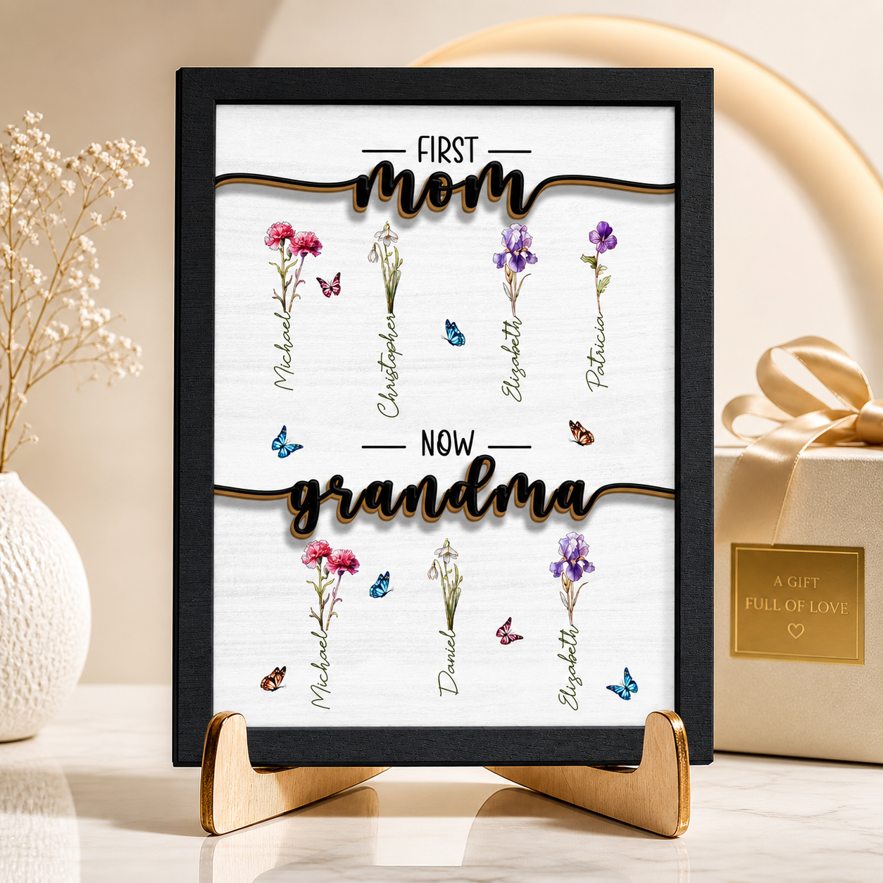 Schild „Erst Mama, jetzt Oma“, personalisiertes Geburtsblumengeschenk – Individuelles 2-lagiges Holzschild mit Ständer