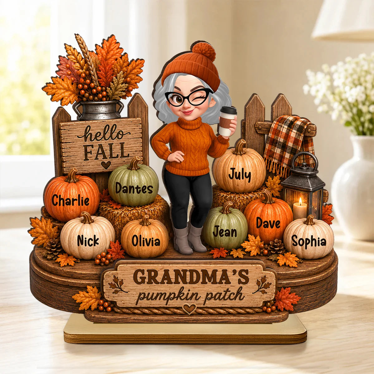 Personalized Grandma Pumpkin Patch Wooden Plaque with Grandkids Names, Custom 2-Layer Fall Decor, Thanksgiving Gift for Grandma Nana