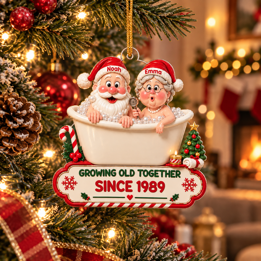 Personalized Growing 3D Effect Old Together Santa Couple Ornament, Custom Bathtub Acrylic Christmas Keepsake, Funny Gift for Husband Wife Grandparents