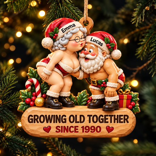 Personalized Growing Old Together 3D Effect Santa Couple Wooden Ornament, Custom Names Christmas Keepsake, Gift for Husband Wife Grandparents Couples