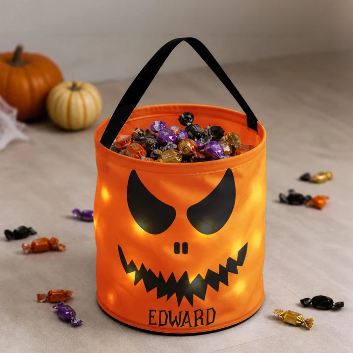 Personalized Halloween Candy Bag for Kids, Scary Pumpkin Face LED Trick or Treat Basket, Light Up Halloween Tote for Boys Girls