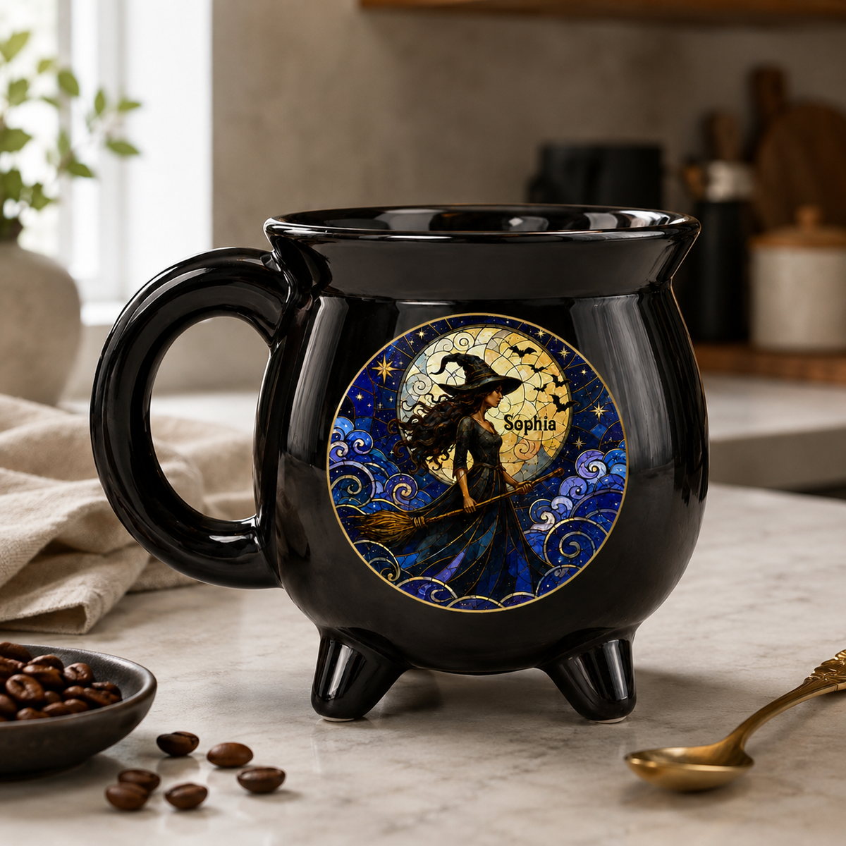 Personalized Moonlit Witch Cauldron Coffee Mug, Custom Witch Name Mug, Halloween Ceramic Cauldron Cup Gift for Her
