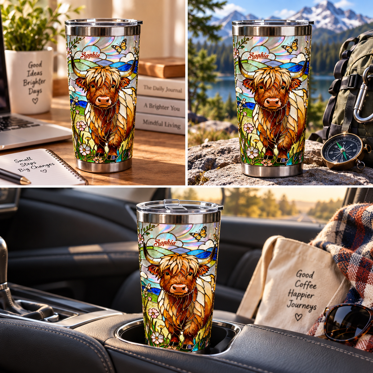 Personalized Highland Cow 3D Effect Tumbler with Name, Custom Stainless Steel Travel Cup, Gift for Cow Lover Women Mom