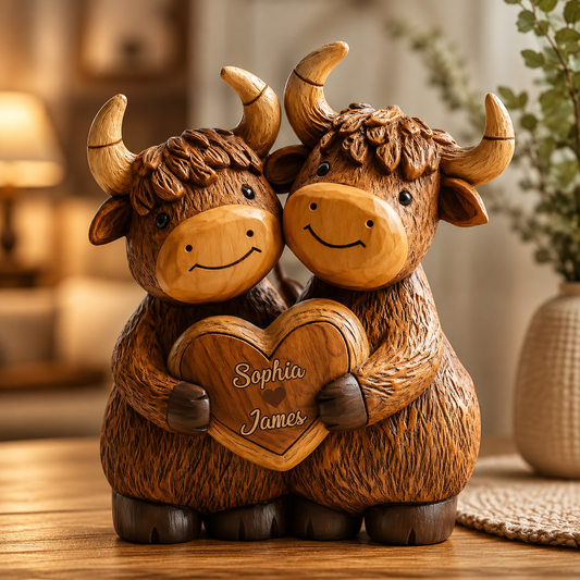 Personalized Highland Cow Couple Plaque, Custom Names Cute Highland Cows Heart Sign, Romantic Gift for Couples Anniversary Wedding
