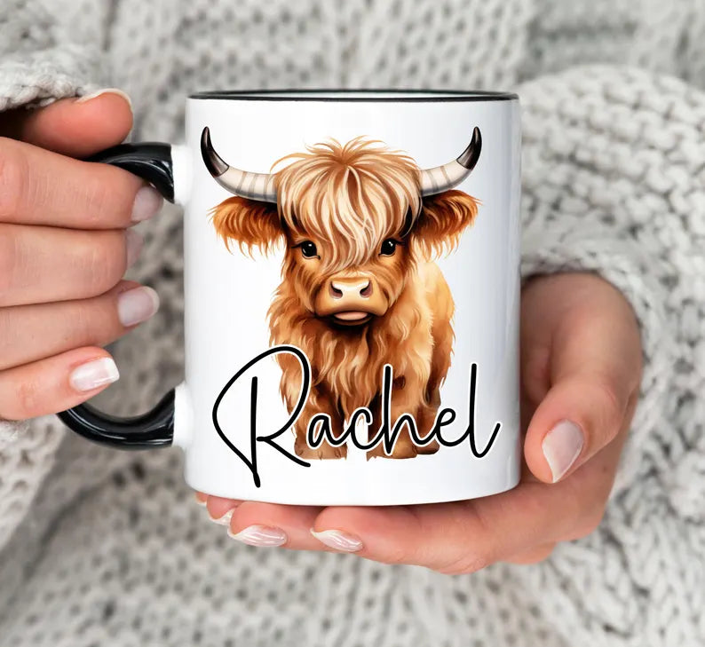 Personalized Highland Cow Coffee Mug, Custom Cute Cow Ceramic Cup, Gift for Cow Lover Women Friend Mom Birthday Gift for Her