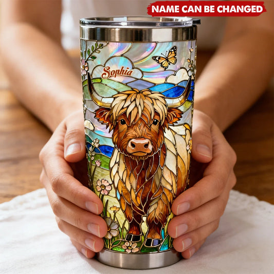 Personalized Highland Cow 3D Effect Tumbler with Name, Custom Stainless Steel Travel Cup, Gift for Cow Lover Women Mom