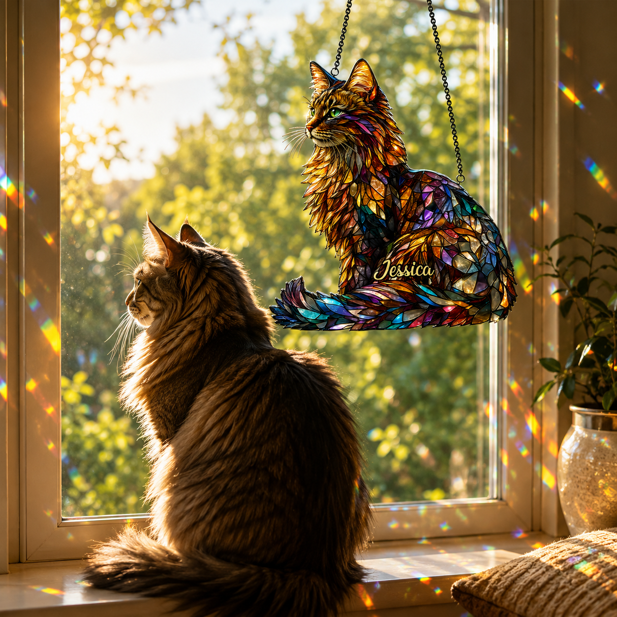 Personalized Maine Coon Cat 3D Window Hanging Suncatcher Ornament, Custom Acrylic & Wood Sun Catcher with Name, Cat Lover Gift