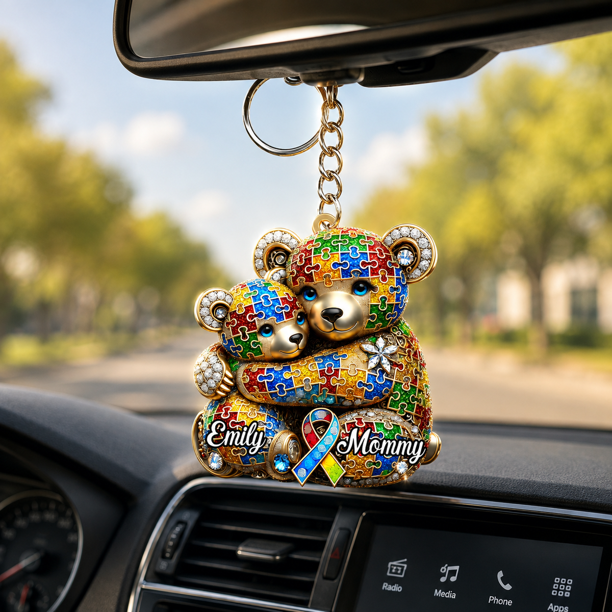 Personalized Mama Bear 3D Effect Autism Awareness Keychain, Custom Acrylic Wood Key Ring, Meaningful Gift for Mom Mother Family Supporter