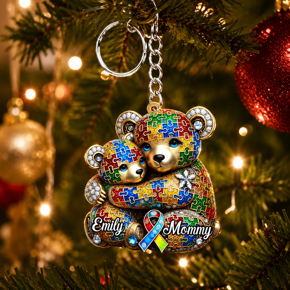 Personalized Mama Bear 3D Effect Autism Awareness Keychain, Custom Acrylic Wood Key Ring, Meaningful Gift for Mom Mother Family Supporter