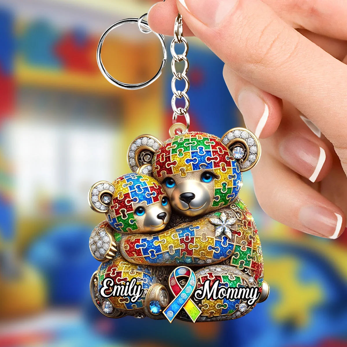 Personalized Mama Bear Autism Awareness Keychain, Custom Acrylic Wood Key Ring, Meaningful Gift for Mom Mother Family Supporter
