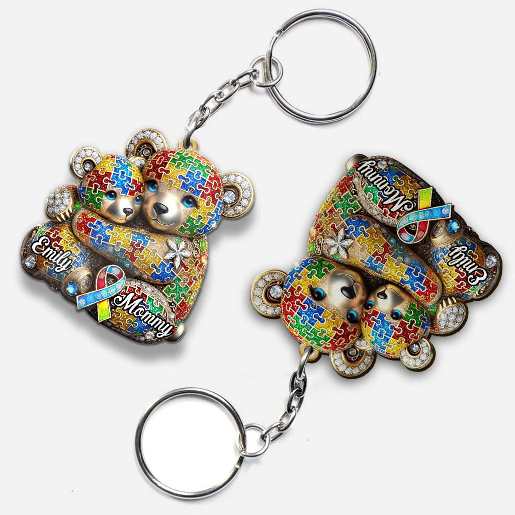 Personalized Mama Bear Autism Awareness Keychain, Custom Acrylic Wood Key Ring, Meaningful Gift for Mom Mother Family Supporter