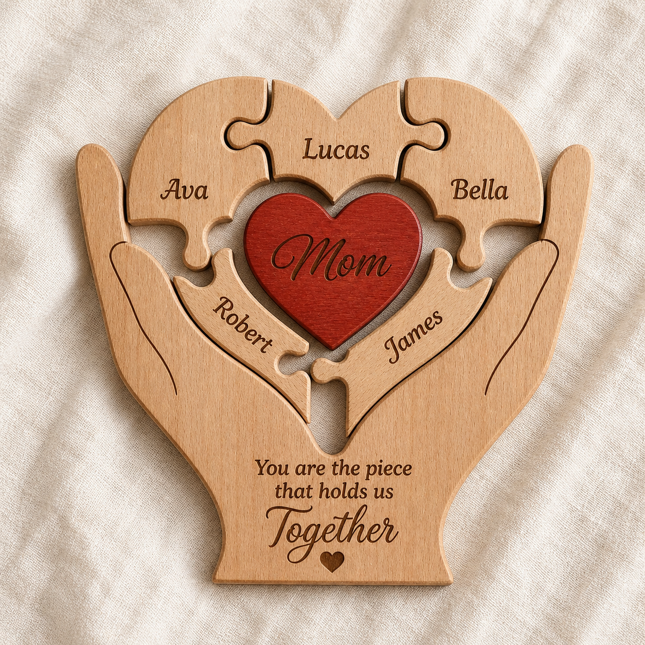 Muttertagsgeschenke, Mama, Mutter, du bist das Stück, das uns zusammenhält – Personalisiertes Holzpuzzle für die Familie