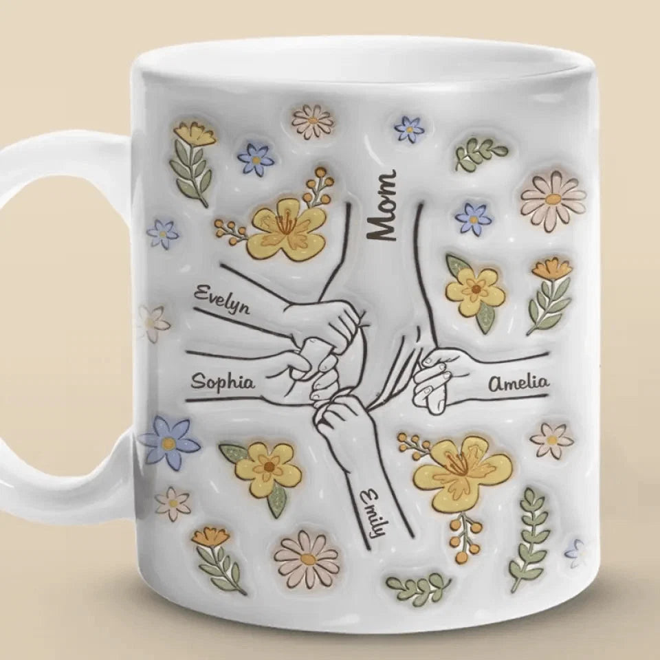 Personalized Mom Mug 3D Effect  with Names, You Hold Our Hands Also Our Hearts Ceramic Cup, Mother’s Day Gift for Mom Grandma Wife