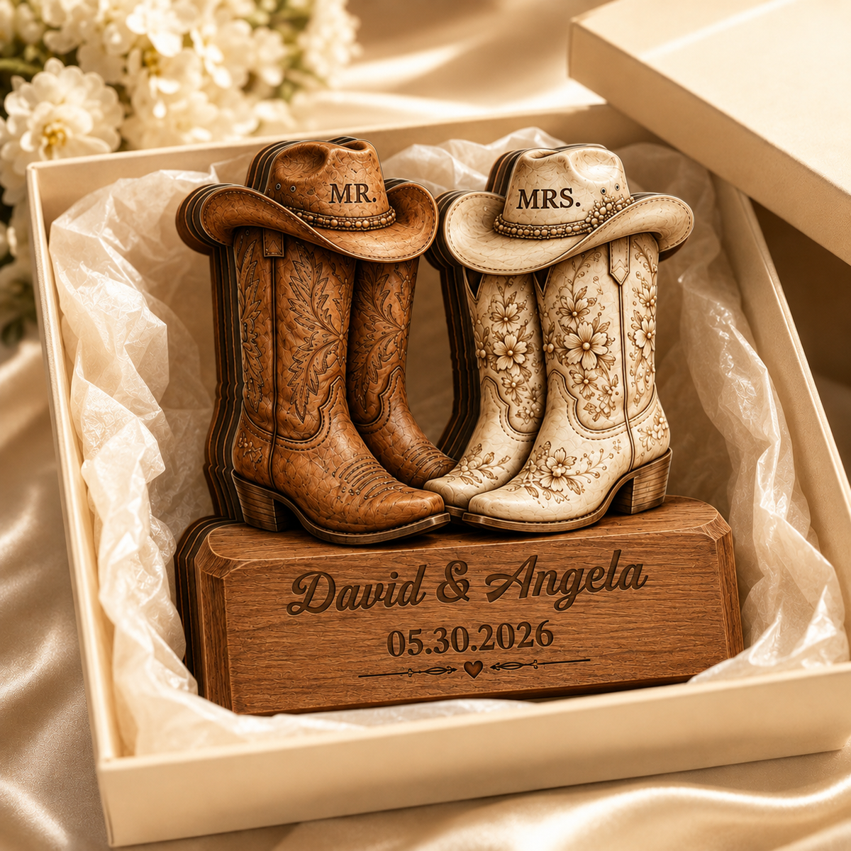 Personalized 3D Effect Cowboy Boots Wooden Plaque, Custom Western Wedding Gift, Mr & Mrs Rustic Country Couple Decor