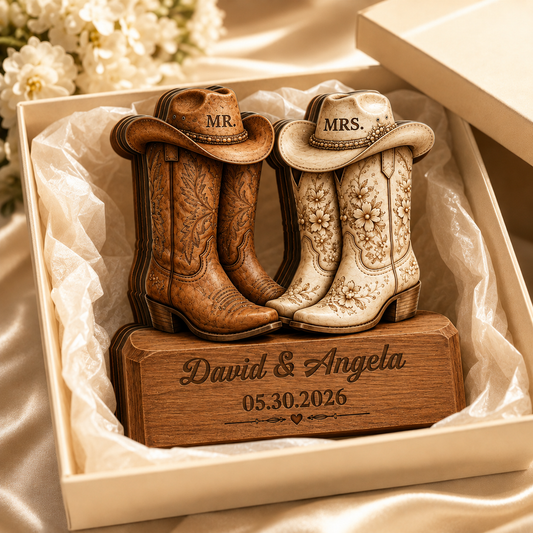 Personalized 3D Effect Cowboy Boots Wooden Plaque, Custom Western Wedding Gift, Mr & Mrs Rustic Country Couple Decor