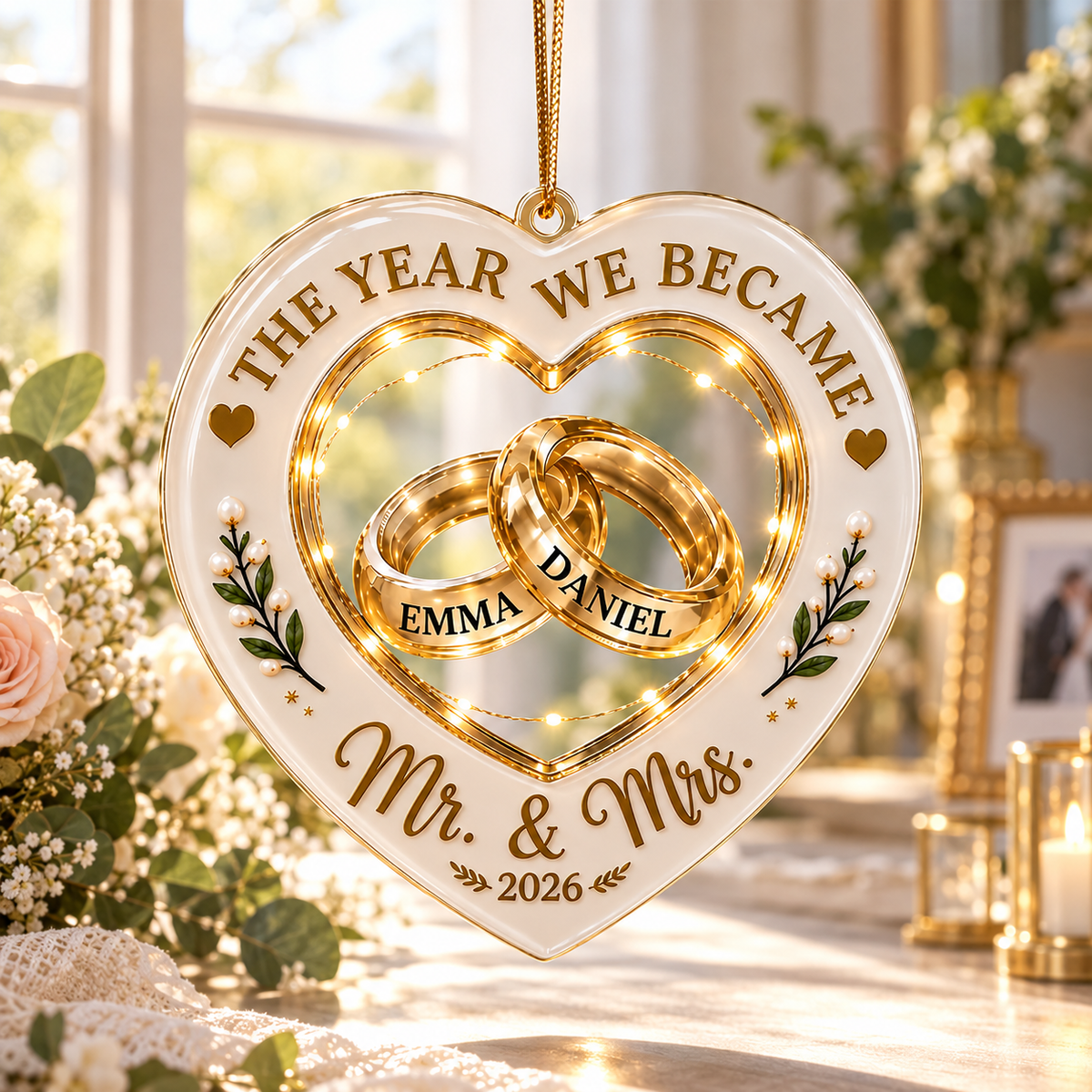 Personalized Newlywed 3D Effect Christmas Ornament – Custom Name First Christmas as Mr & Mrs Gift for Couples