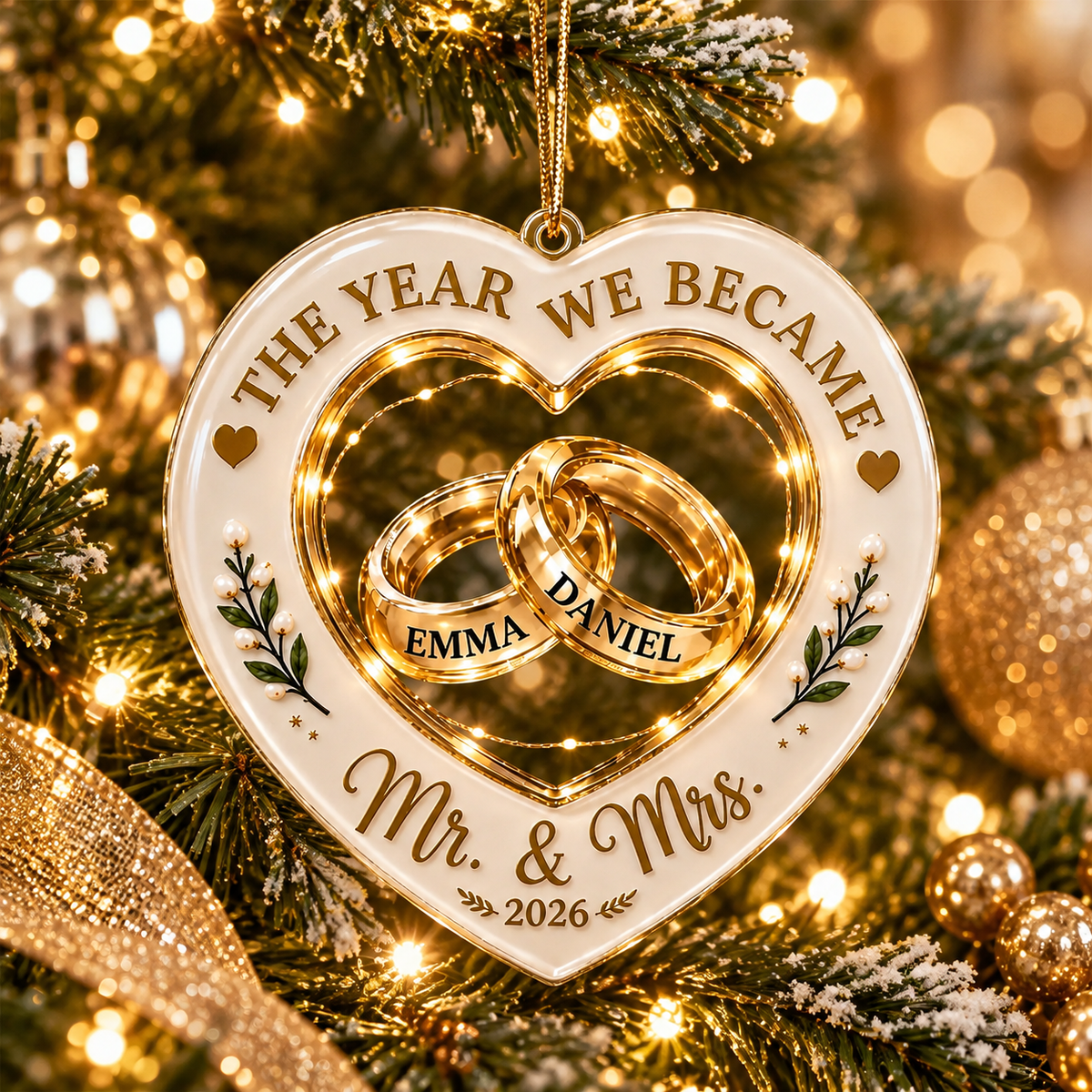 Personalized Newlywed 3D Effect Christmas Ornament – Custom Name First Christmas as Mr & Mrs Gift for Couples