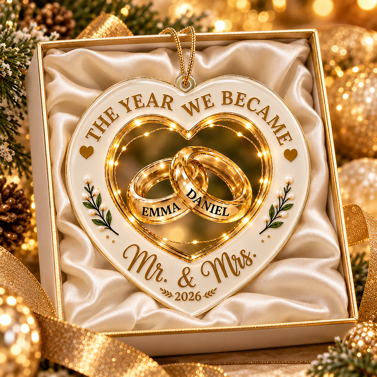 Personalized Newlywed 3D Effect Christmas Ornament – Custom Name First Christmas as Mr & Mrs Gift for Couples