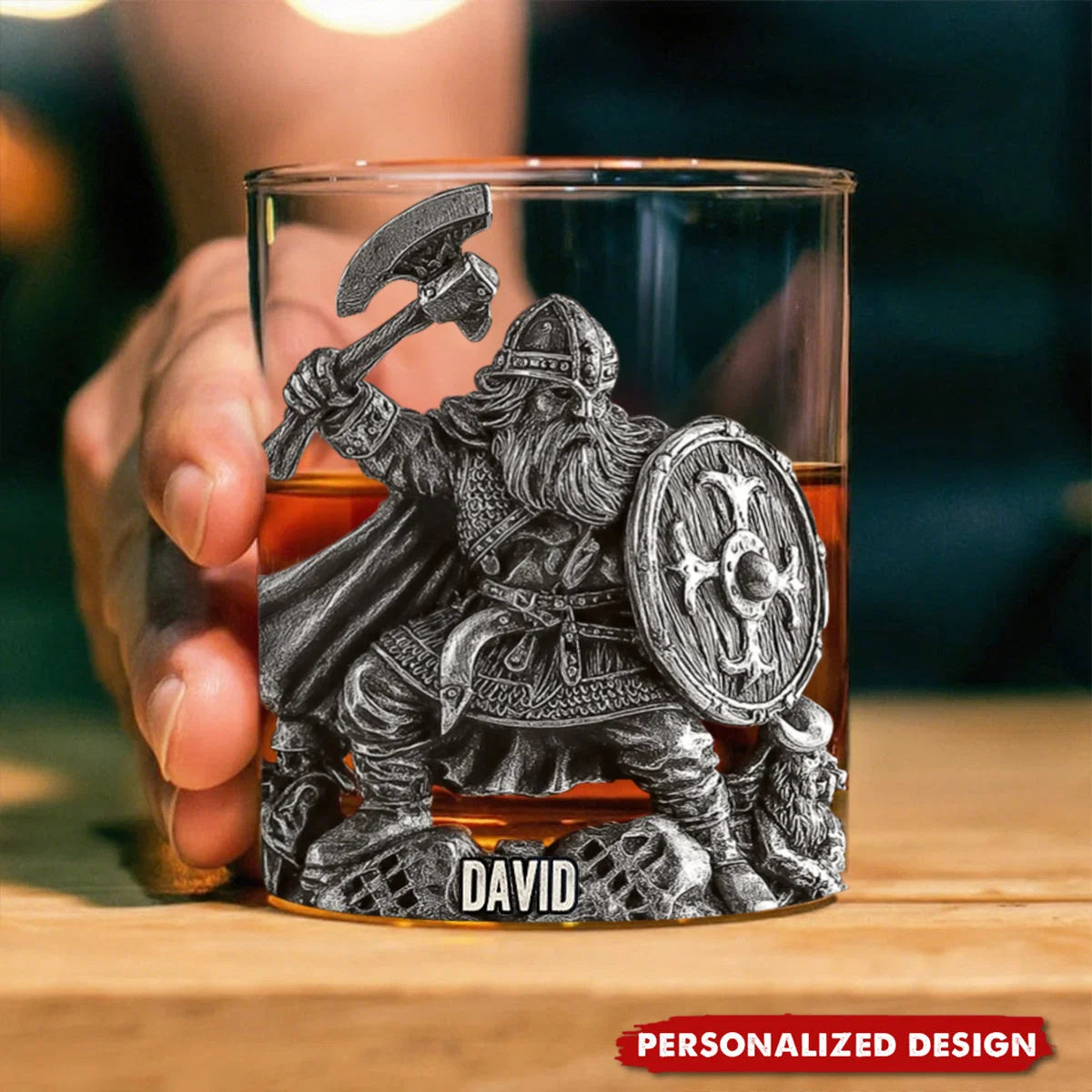 Personalized Viking Whiskey Glass 3D Effect with Name, Custom Norse Warrior 11 oz Rocks Glass, Viking Gift for Dad Husband Boyfriend