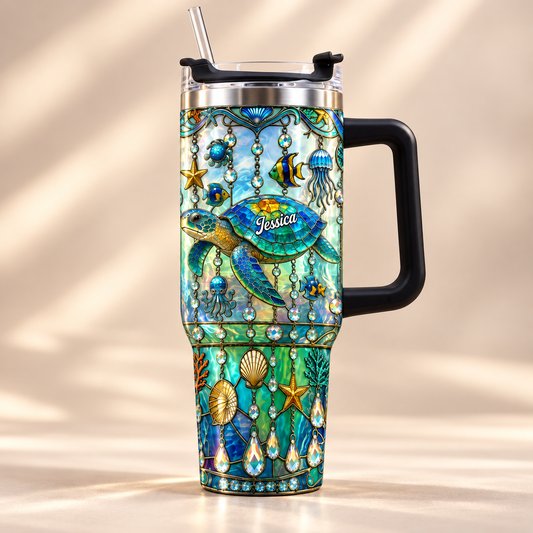 Personalized Ocean Turtle 40oz Tumbler with Handle, Custom Sea Turtle Stainless Steel Travel Cup with Straw, Gift for Turtle Lovers Women Men