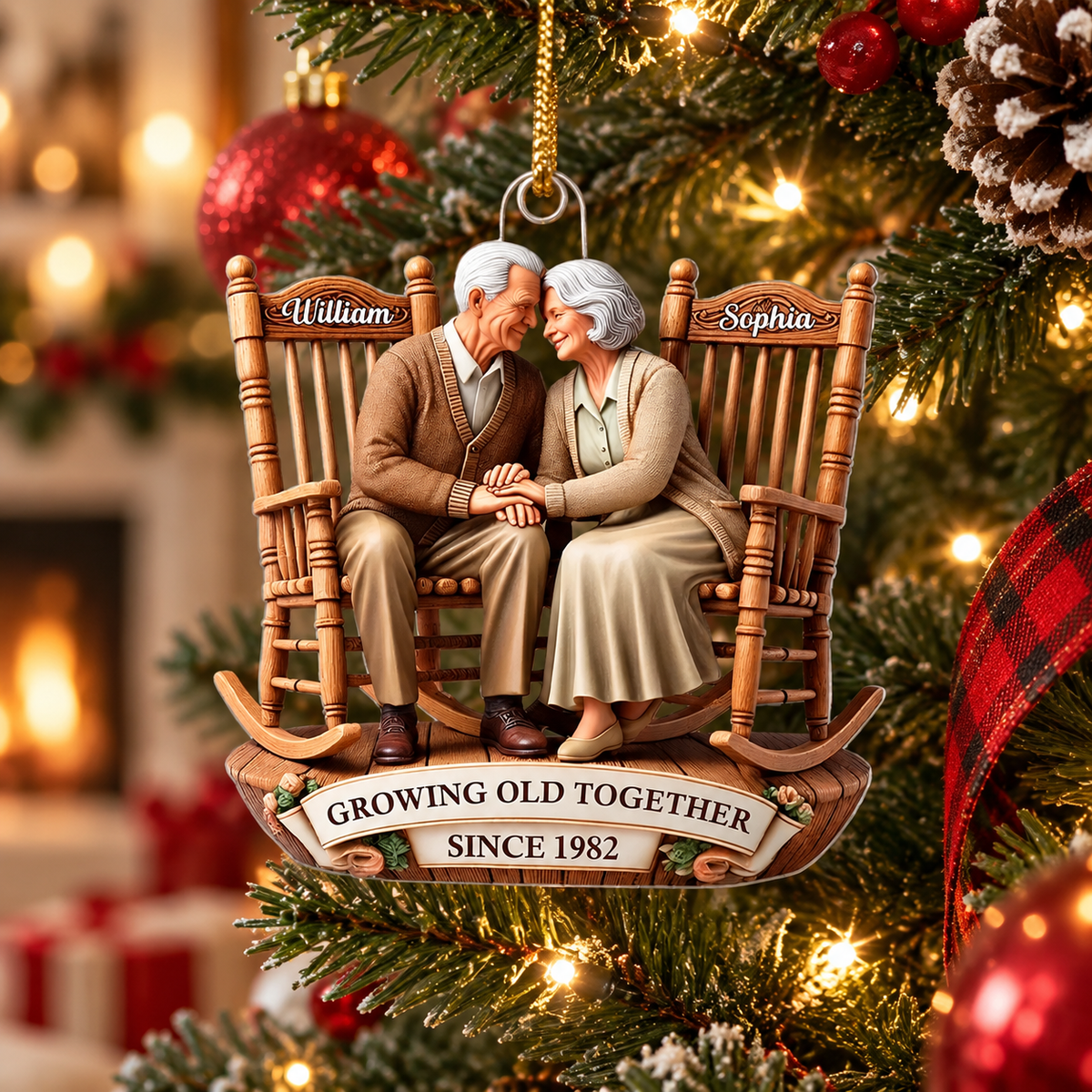 Personalized Old Couple 3D Effect Christmas Ornament with Names, Custom Rocking Chair Acrylic Keepsake, Anniversary Gift for Husband Wife Grandparents
