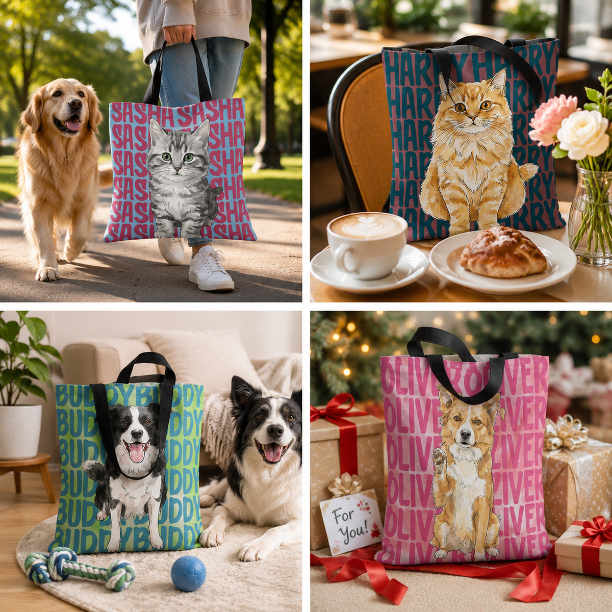 Personalized Pet Portrait Tote Bag with Name, Custom Watercolor Dog Cat Photo Bag, Gift for Dog Mom Cat Mom Pet Lover