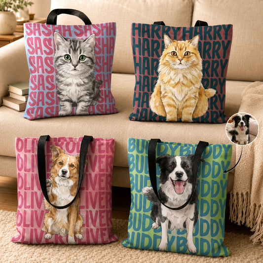 Personalized Pet Portrait Tote Bag with Name, Custom Watercolor Dog Cat Photo Bag, Gift for Dog Mom Cat Mom Pet Lover